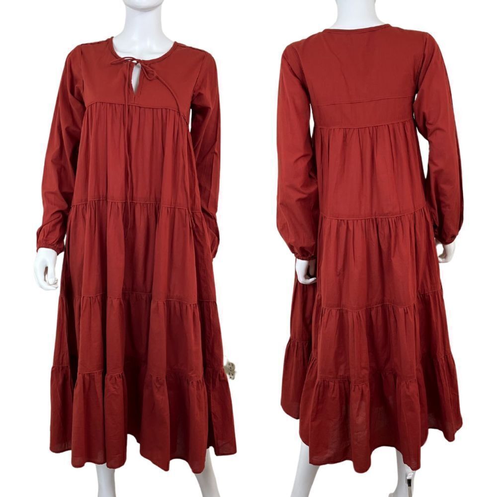 Maelu Women Size XS Orange Currant Willow Midi Teired Cotton NEW Dress Peasant